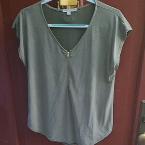 Green Envelope Sage V-Neck Blouse with Gold zipper Accent